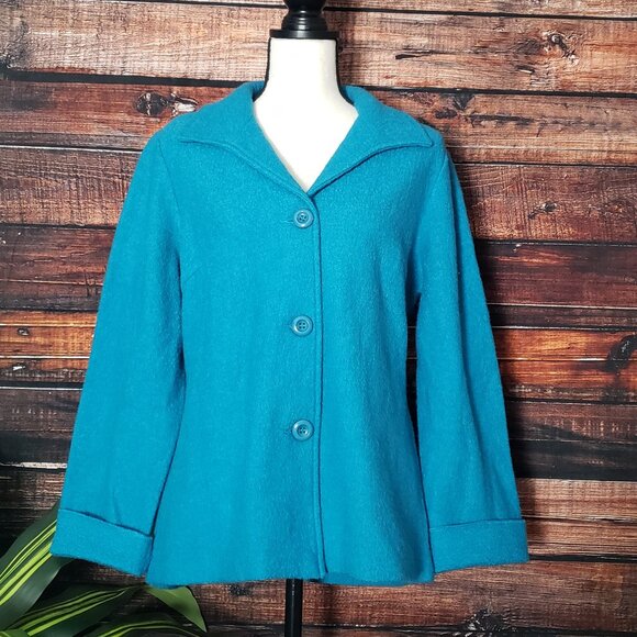 Chicos 100% Knitted Wool Teal Button Front Jacket Size 1 Medium - Picture 4 of 9